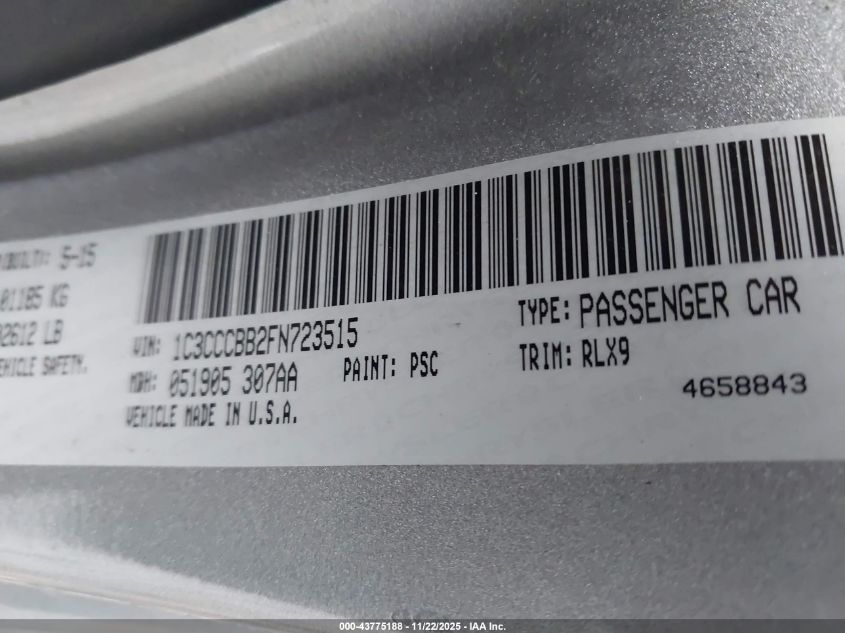 2015 Chrysler 200 S VIN: 1C3CCCBB2FN723515 Lot: 43775188