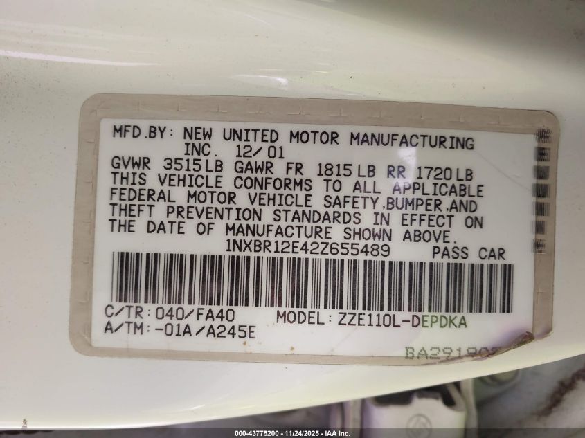 2002 Toyota Corolla Le VIN: 1NXBR12E42Z655489 Lot: 43775200