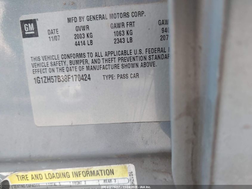 2008 Chevrolet Malibu Lt VIN: 1G1ZH57B38F170424 Lot: 43775217
