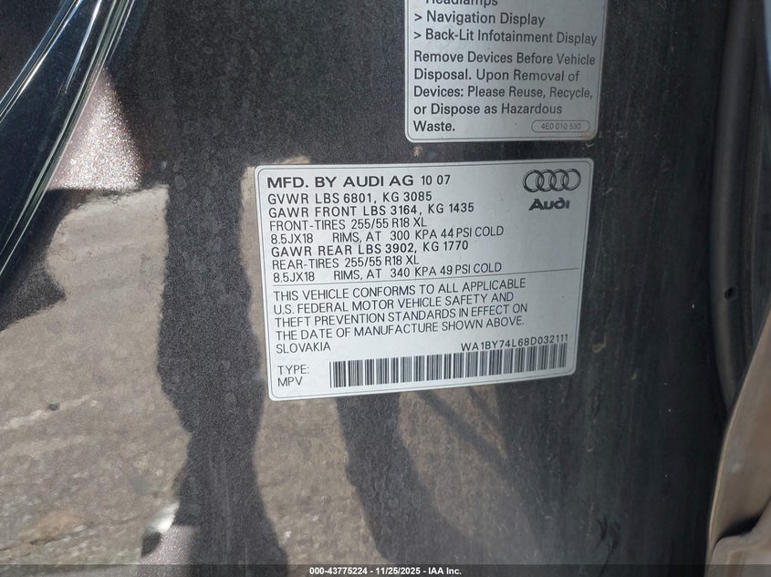 2008 Audi Q7 3.6 Premium VIN: WA1BY74L68D032111 Lot: 43775224