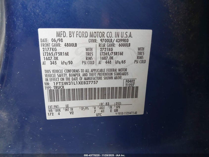 1999 Ford F-350 Lariat/Xl/Xlt VIN: 1FTSW31L1XEB27757 Lot: 43775225