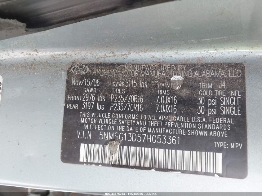 2007 Hyundai Santa Fe Gls VIN: 5NMSG13D57H053361 Lot: 43775233