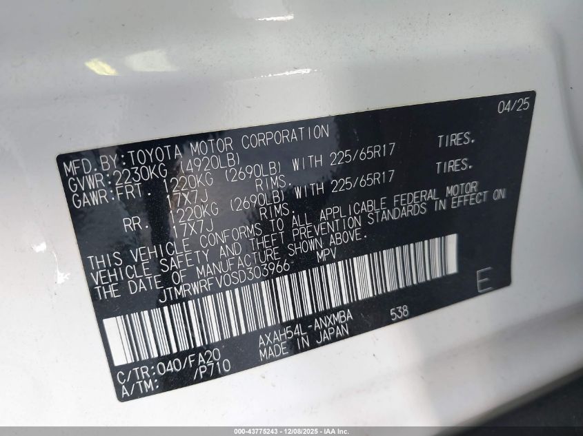 2025 Toyota Rav4 Hybrid Xle VIN: JTMRWRFV0SD303966 Lot: 43775243