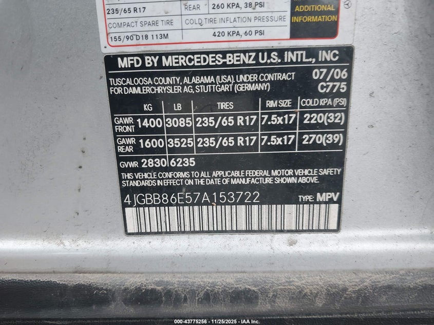 2007 Mercedes-Benz Ml 350 4Matic VIN: 4JGBB86E57A153722 Lot: 43775256