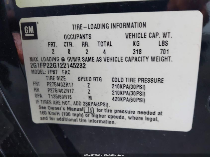 2002 Chevrolet Camaro Z28 VIN: 2G1FP22G122145232 Lot: 43775268