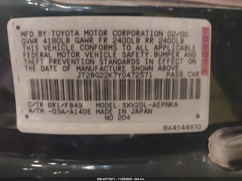 2000 Toyota Camry Le VIN: JT2BG22K7Y0472571 Lot: 43775271