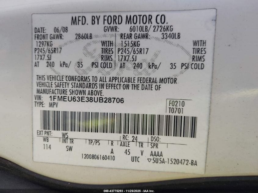 2008 Ford Explorer Xlt VIN: 1FMEU63E38UB28706 Lot: 43775293