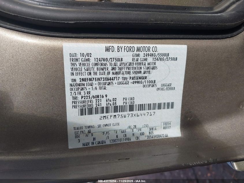 2003 Mercury Grand Marquis Ls VIN: 2MEFM75W73X644717 Lot: 43775294