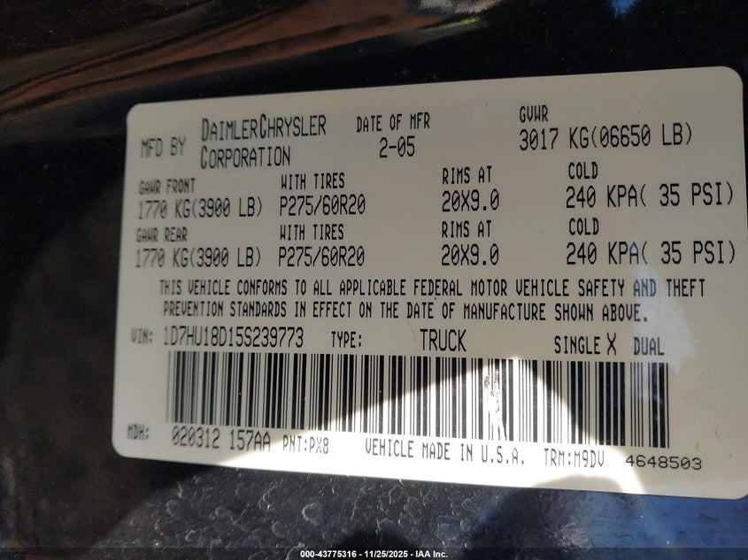 2005 Dodge Ram 1500 Slt/Laramie VIN: 1D7HU18D15S239773 Lot: 43775316