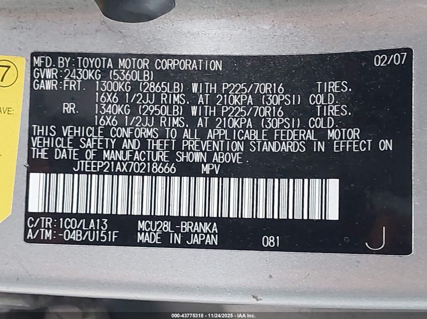 2007 Toyota Highlander V6 VIN: JTEEP21AX70218666 Lot: 43775318