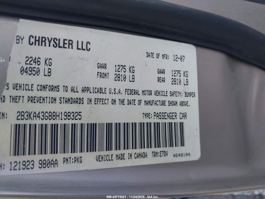 2008 Dodge Charger VIN: 2B3KA43G88H198325 Lot: 43775321