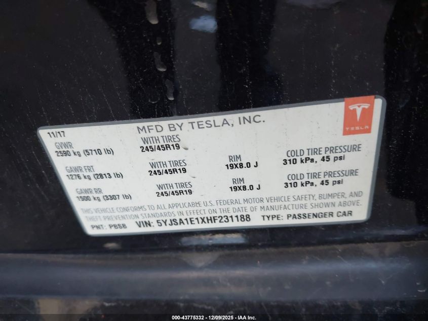 2017 Tesla Model S 60/75 VIN: 5YJSA1E1XHF231188 Lot: 43775332