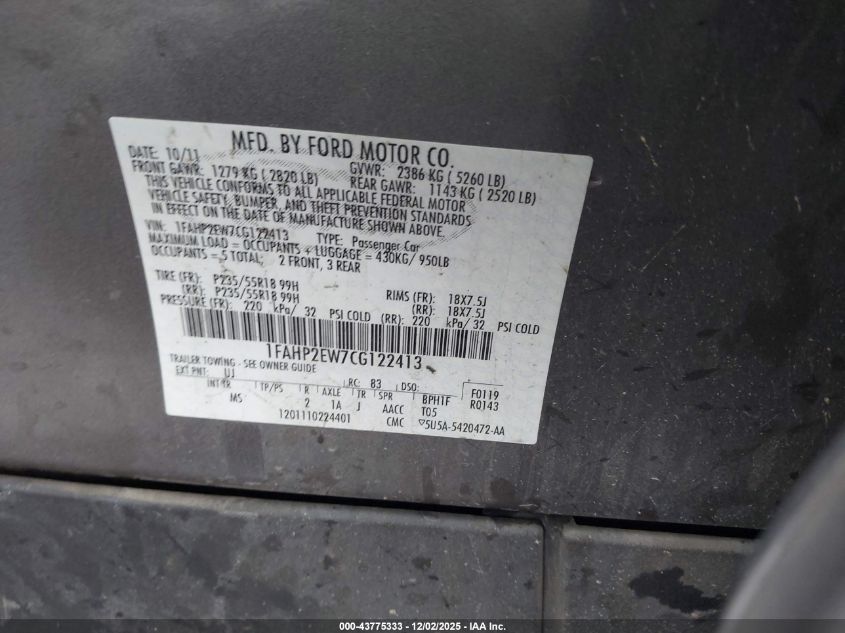 2012 Ford Taurus Sel VIN: 1FAHP2EW7CG122413 Lot: 43775333