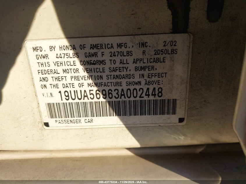 2003 Acura Tl 3.2 Type S VIN: 19UUA56963A002448 Lot: 43775334