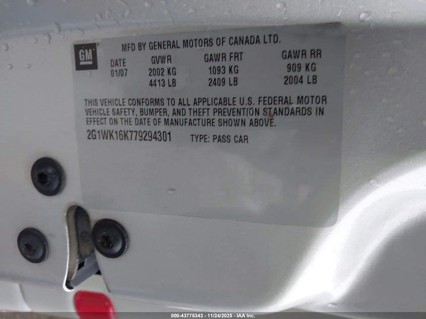 2007 Chevrolet Monte Carlo Lt VIN: 2G1WK16K779294301 Lot: 43775343