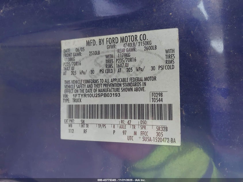 2005 Ford Ranger Edge/Stx/Xl/Xls/Xlt VIN: 1FTYR10U25PB03193 Lot: 43775349