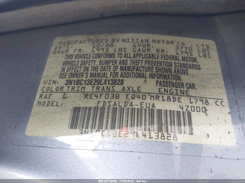 2009 Nissan Versa 1.8S VIN: 3N1BC13E29L413828 Lot: 43775369