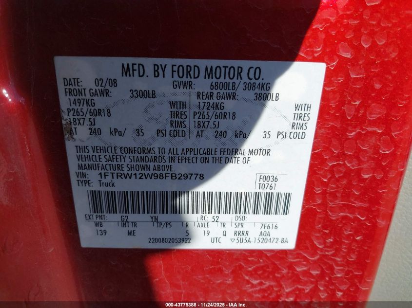 2008 Ford F-150 60Th Anniversary/Fx2/Xl/Xlt VIN: 1FTRW12W98FB29778 Lot: 43775388
