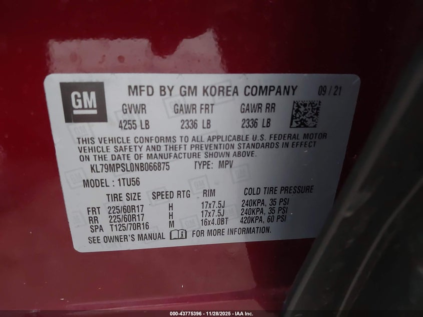 2022 Chevrolet Trailblazer Fwd Lt VIN: KL79MPSL0NB066875 Lot: 43775396