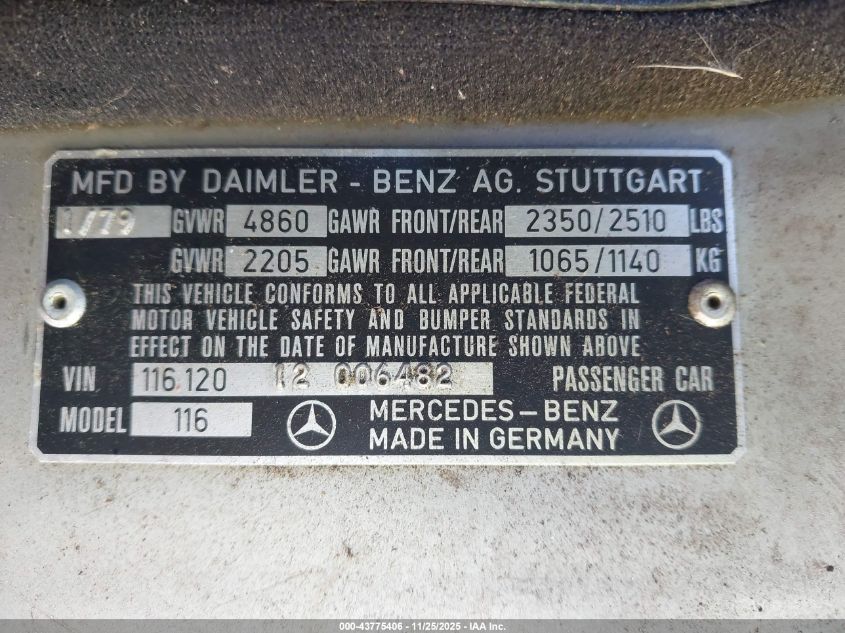 1979 Mercedes-Benz 300 VIN: 11612012006482 Lot: 43775406