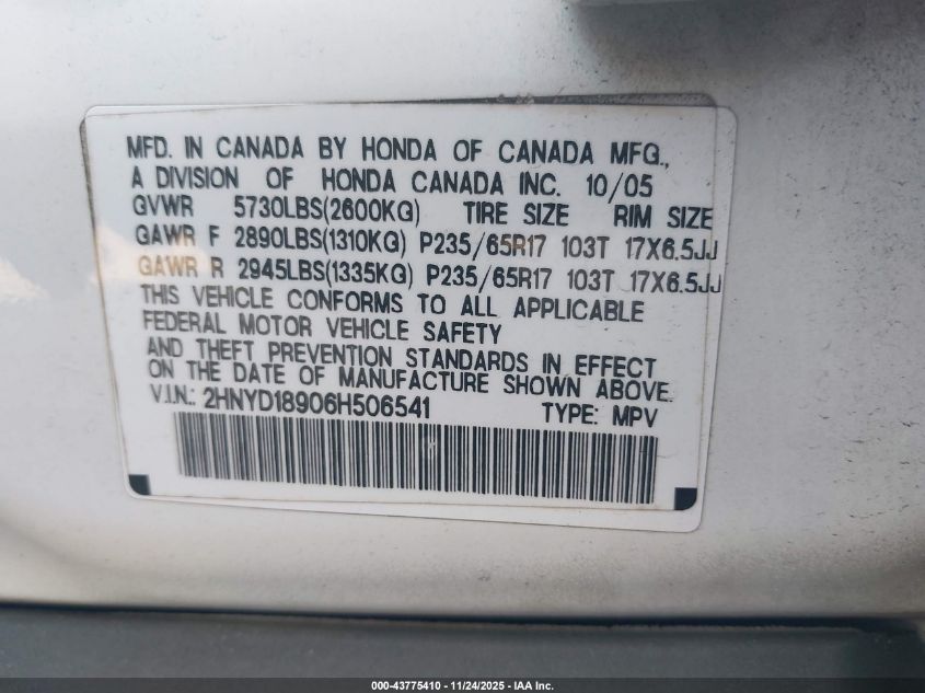 2006 Acura Mdx Touring VIN: 2HNYD18906H56541 Lot: 43775410
