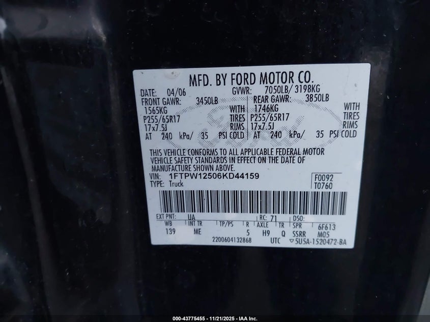 2006 Ford F-150 Lariat/Xlt VIN: 1FTPW12506KD44159 Lot: 43775455