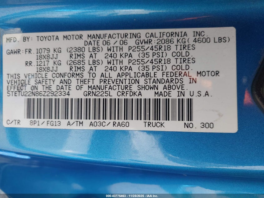 2006 Toyota Tacoma V6 VIN: 5TETU22N86Z292334 Lot: 43775463