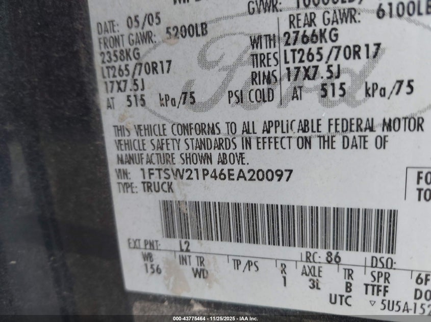 2006 Ford F-250 Lariat/Xl/Xlt VIN: 1FTSW21P46EA20097 Lot: 43775464