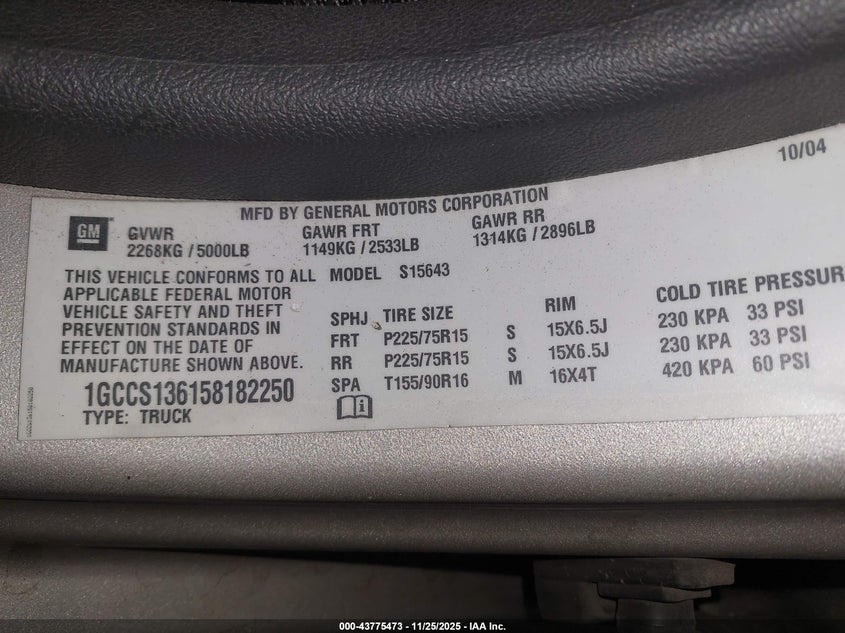 2005 Chevrolet Colorado Ls VIN: 1GCCS136158182250 Lot: 43775473