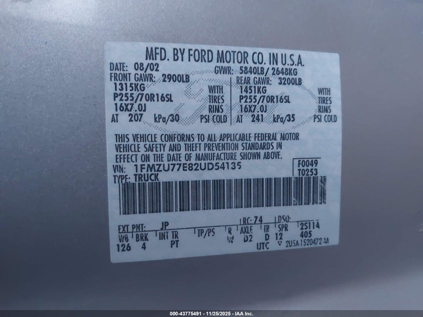 2002 Ford Explorer Sport Trac VIN: 1FMZU77E82UD54135 Lot: 43775491