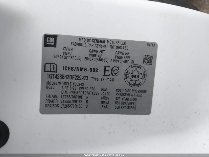 2013 GMC Sierra 3500Hd Sle VIN: 1GT423E82DF229973 Lot: 43775493