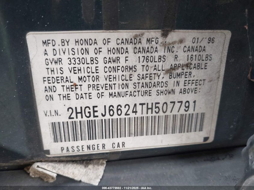 1996 Honda Civic Dx VIN: 2HGEJ6624TH507791 Lot: 43775502