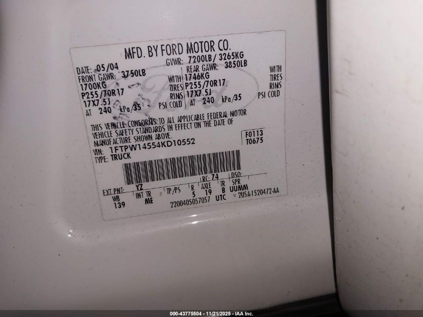 2004 Ford F-150 Fx4/Lariat/Xlt VIN: 1FTPW14554KD10552 Lot: 43775504