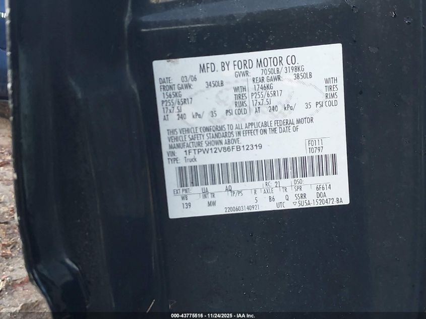 2006 Ford F-150 Lariat/Xlt VIN: 1FTPW12V86FB12319 Lot: 43775516