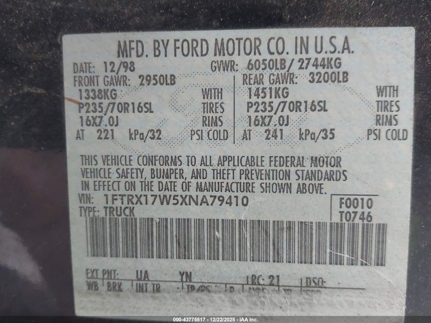 1999 Ford F150 VIN: 1FTRX17W5XNA79410 Lot: 43775517