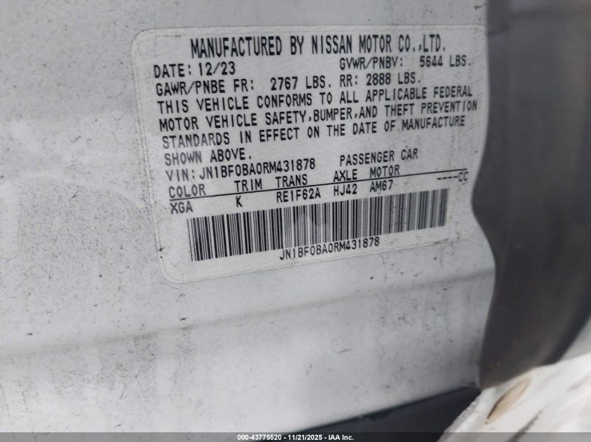 2024 Nissan Ariya Evolve+ VIN: JN1BF0BA0RM431878 Lot: 43775520