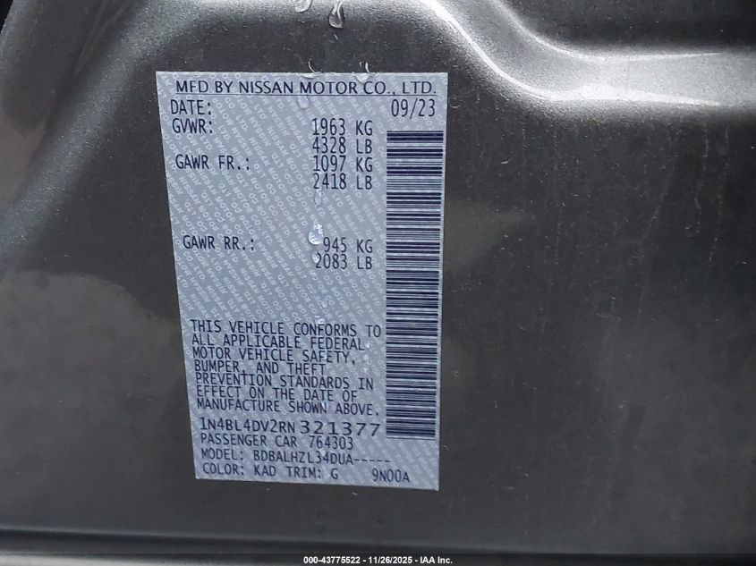 2024 Nissan Altima Sv Fwd VIN: 1N4BL4DV2RN321377 Lot: 43775522