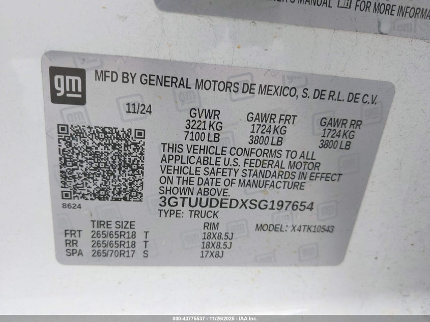 2025 GMC Sierra 1500 4Wd Short Box Slt VIN: 3GTUUDEDXSG197654 Lot: 43775537