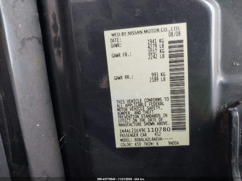 2009 Nissan Altima 2.5 VIN: 1N4AL21E49C110780 Lot: 43775540