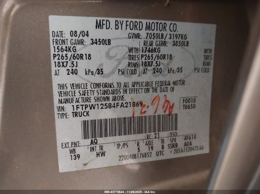 2004 Ford F-150 Lariat/Xlt VIN: 1FTPW12584FA21869 Lot: 43775544