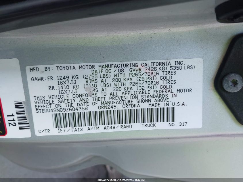 2009 Toyota Tacoma Base V6 VIN: 5TEUU42N09Z604358 Lot: 43775550