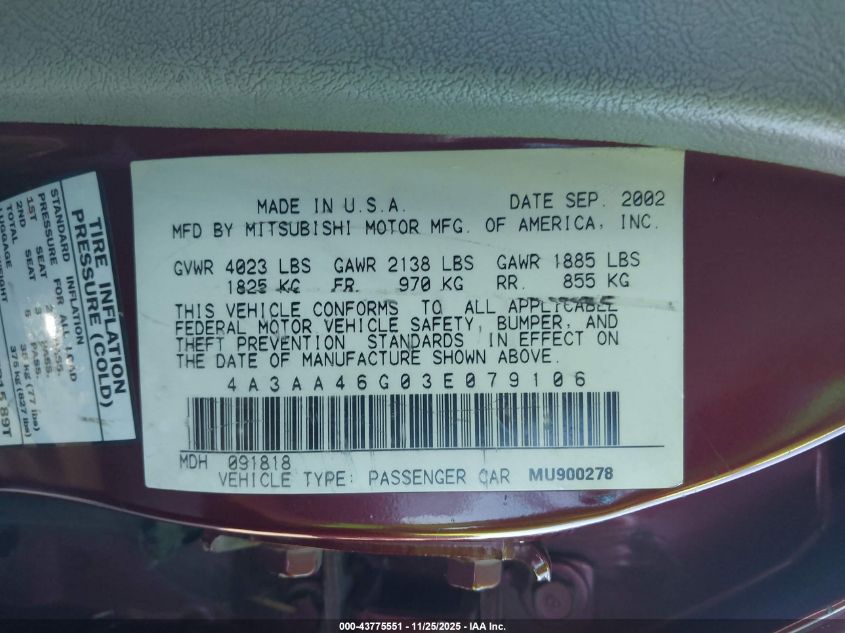 2003 Mitsubishi Galant Es/Ls VIN: 4A3AA46G03E079106 Lot: 43775551