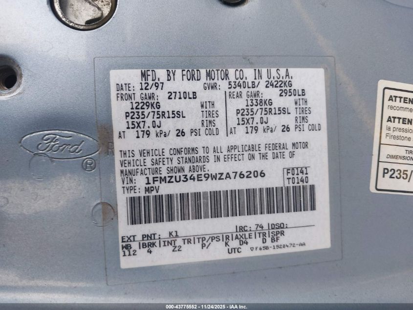 1998 Ford Explorer Eddie Bauer/Limited/Xl/Xlt VIN: 1FMZU34E9WZA76206 Lot: 43775552