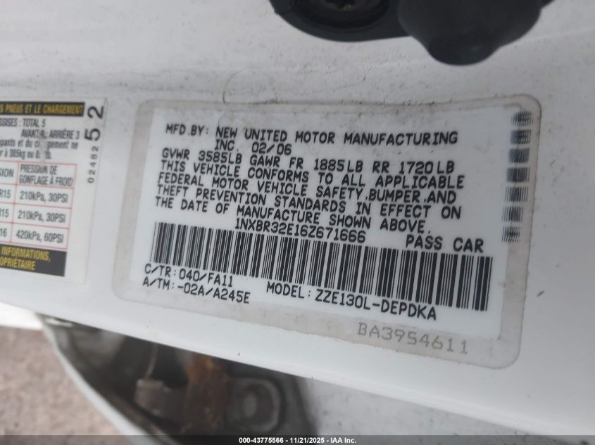 2006 Toyota Corolla Ce VIN: 1NXBR32E16Z671666 Lot: 43775566