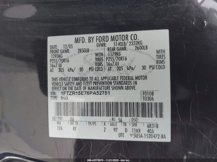 2006 Ford Ranger Fx4 Off-Road/Sport/Xl/Xlt VIN: 1FTZR15E76PA52751 Lot: 43775570