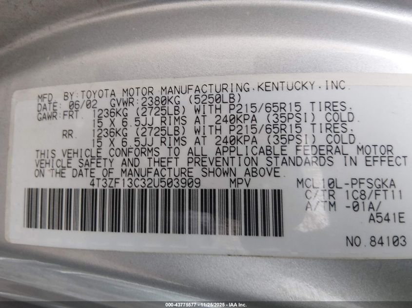 2002 Toyota Sienna Le VIN: 4T3ZF13C32U503909 Lot: 43775577