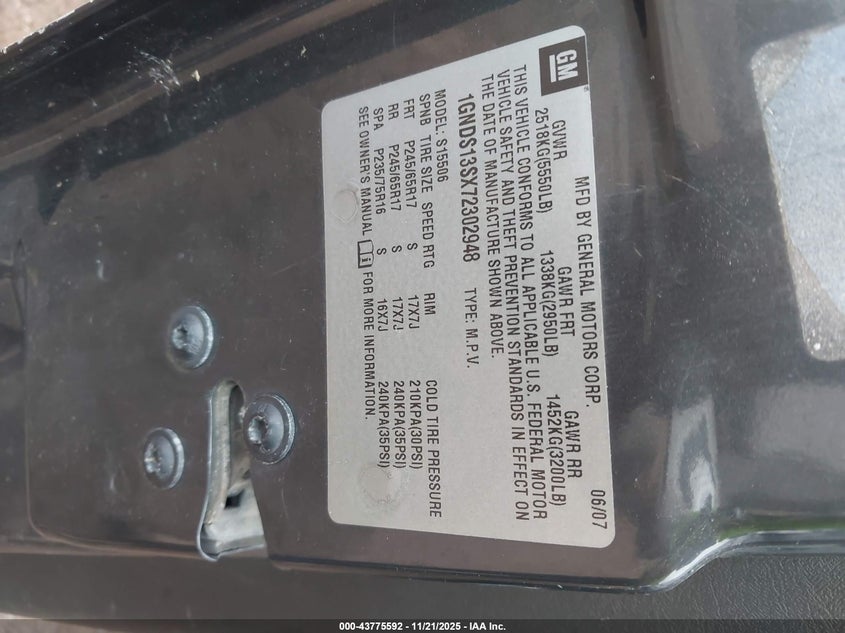 2007 Chevrolet Trailblazer Lt VIN: 1GNDS13SX72302948 Lot: 43775592