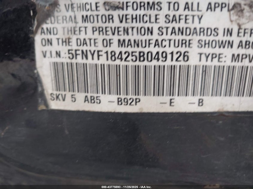 2005 Honda Pilot Ex VIN: 5FNYF18425B049126 Lot: 43775593