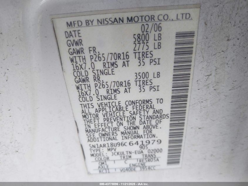 2006 Nissan Pathfinder Se VIN: 5N1AR18U96C641979 Lot: 43775596