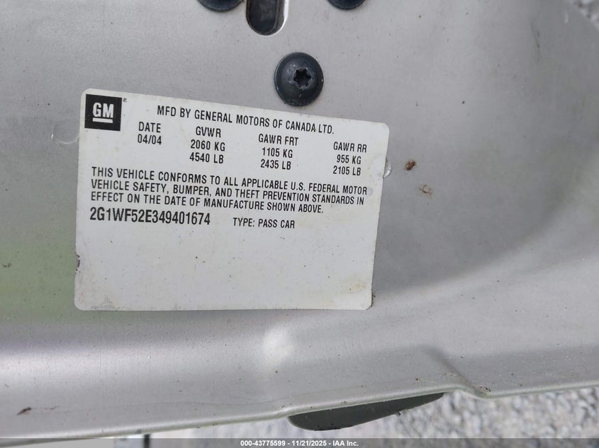 2004 Chevrolet Impala VIN: 2G1WF52E349401674 Lot: 43775599